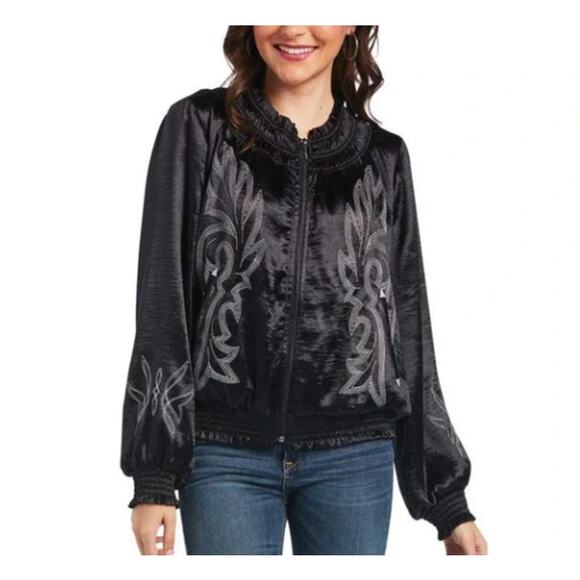 Ariat Women's Satin Bomber Jacket Embroidered Black Large Western Rodeo Festival - Picture 1 of 10
